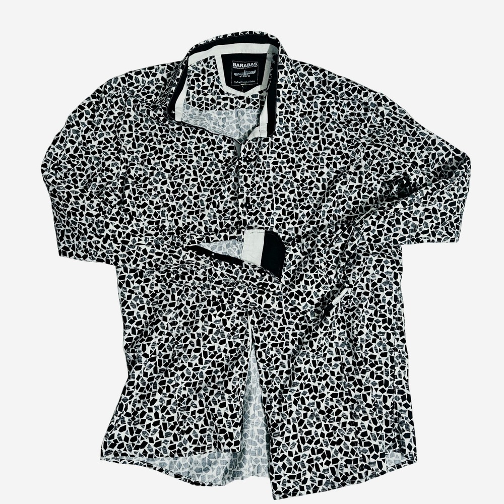 Barabas Mens Geometric Mosaic Print Button Down Shirt Black White Size L
